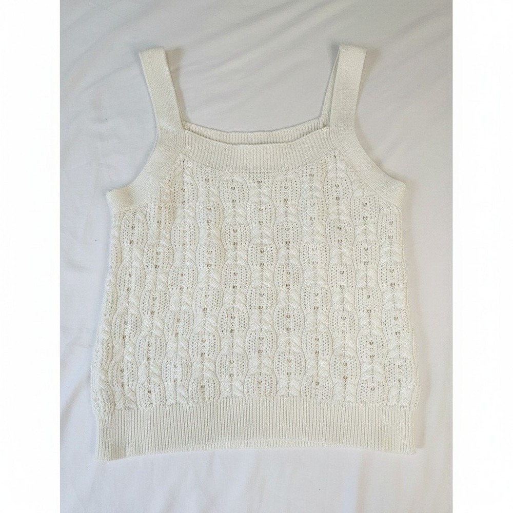 Time and‎ Tru Womens White Cable Knit Sweater Tank Top Square Neck Large 12-14
